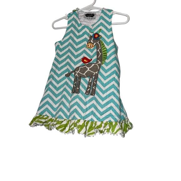 Mud Pie Teal and White Chevron giraffe applique Dress Sz 2T - Picture 1 of 3